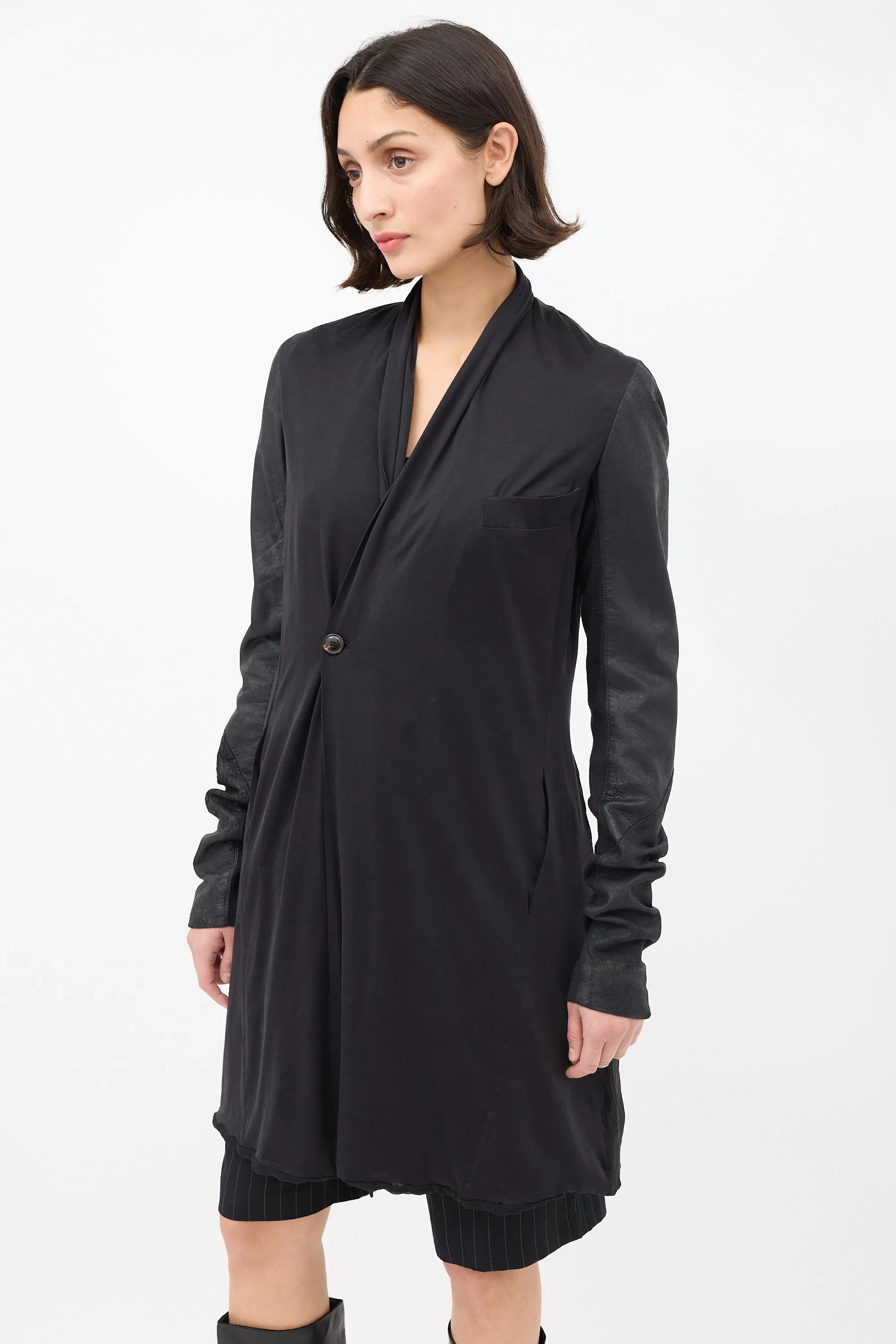 Black Silk & Leather Mid Length Jacket