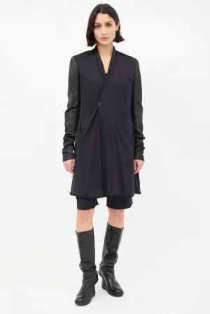 Black Silk & Leather Mid Length Jacket