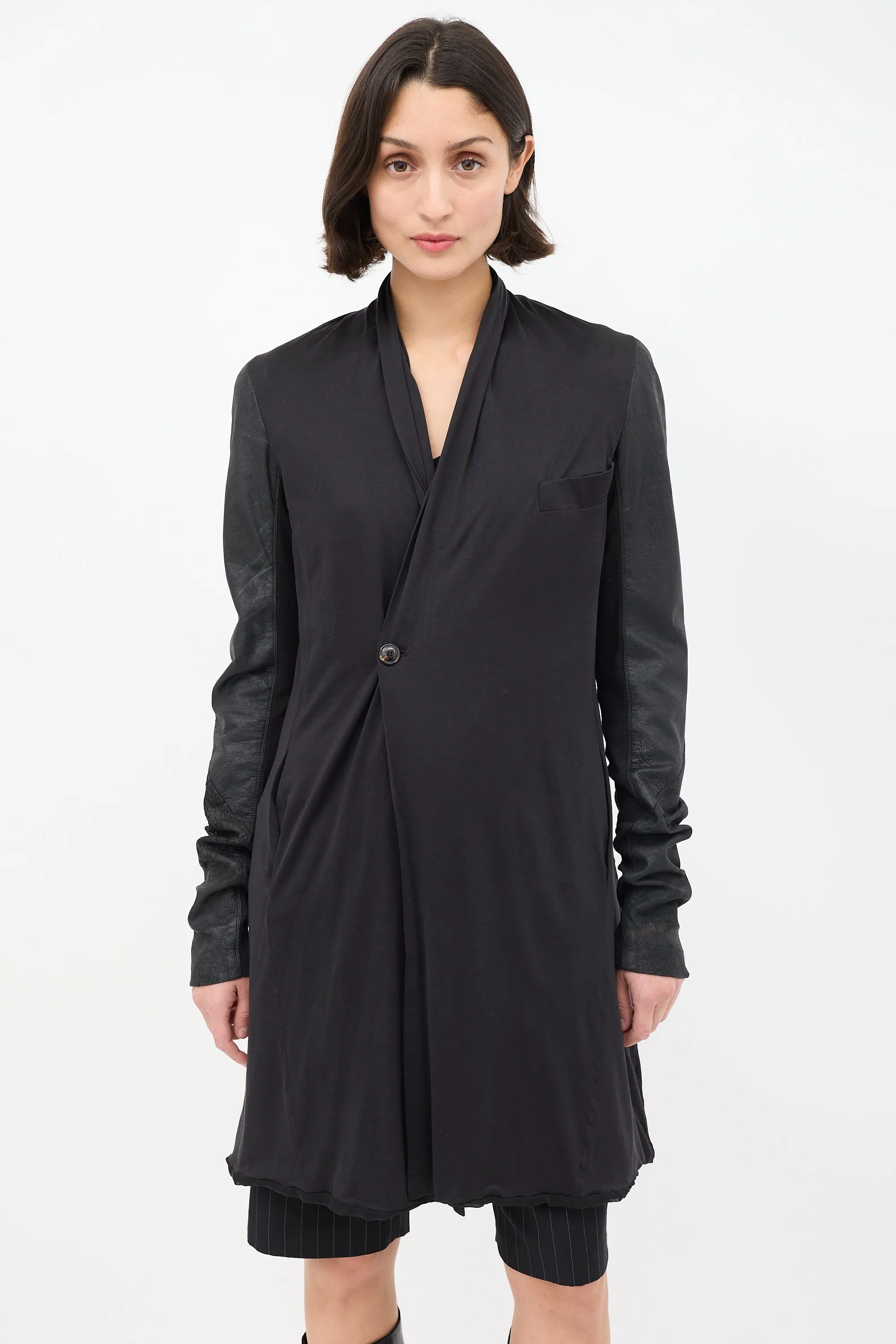 Black Silk & Leather Mid Length Jacket