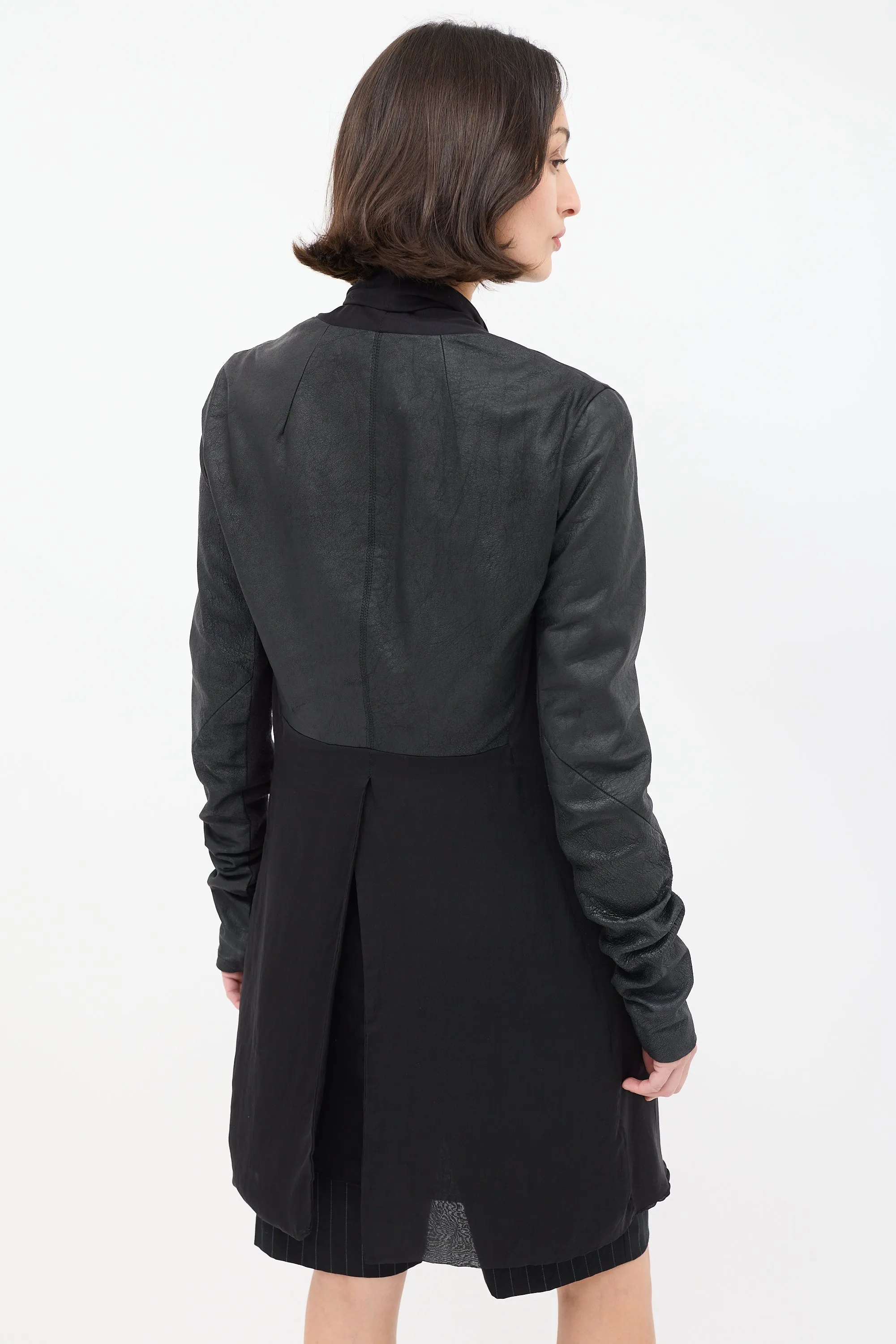 Black Silk & Leather Mid Length Jacket