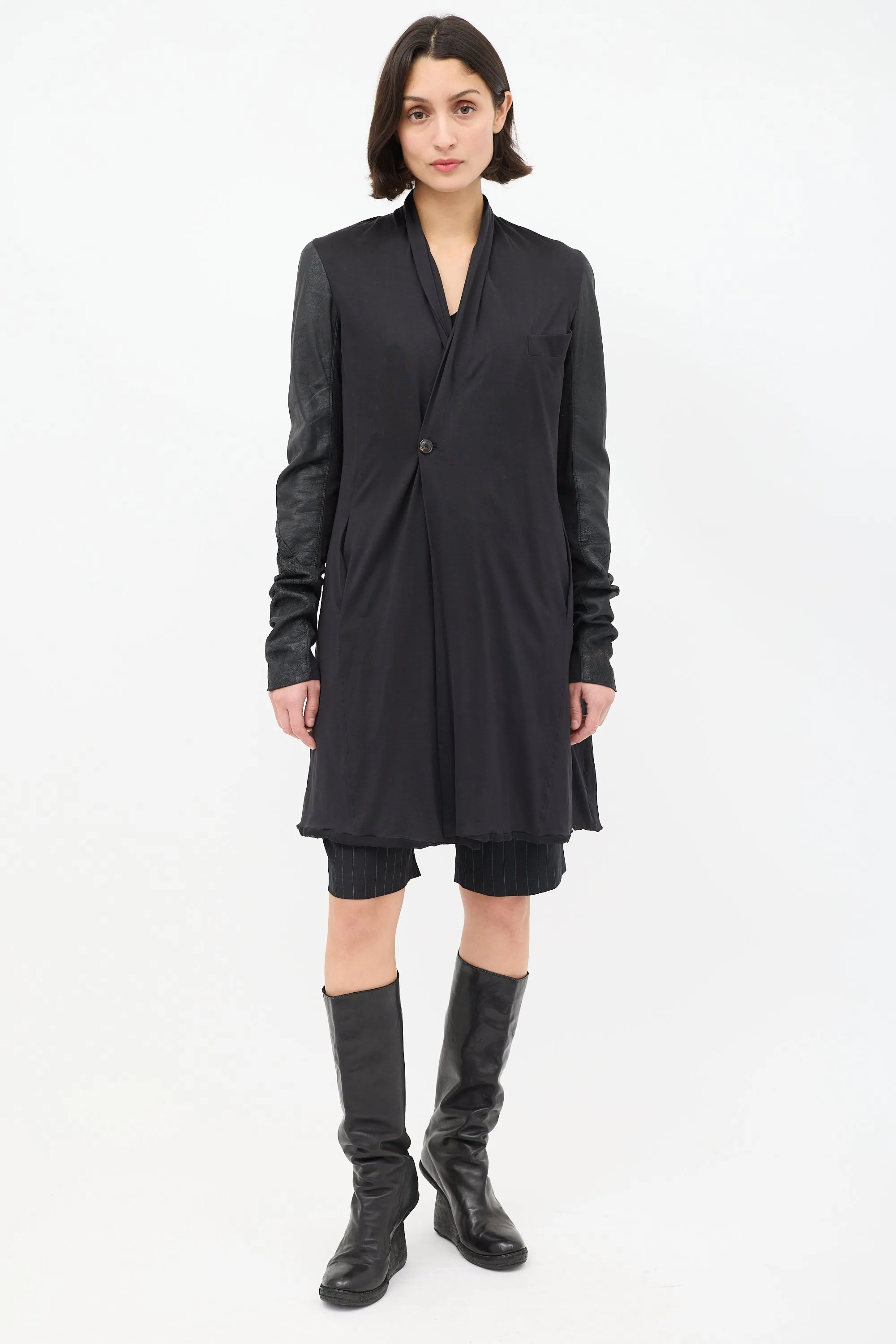 Black Silk & Leather Mid Length Jacket