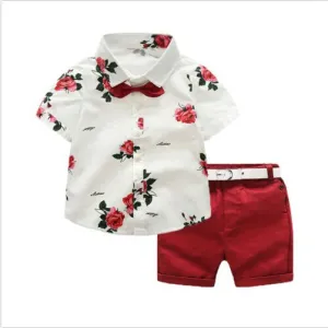 Brand New Floral Baby Boy Gentleman Outfits Suit Short Sleeve Toddler Bow Tie Shirt Tops Red Shorts Summer Set Kids Clothes 1-7T