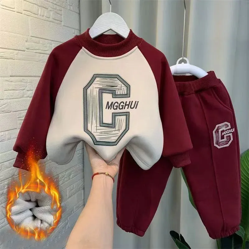 Children's Padded Sweatshirts Sets Boys Winter Thickened Warm Suit Kids Trend Top Pants 2Pcs Outfits Fashion Casual Clothes 2-8Y