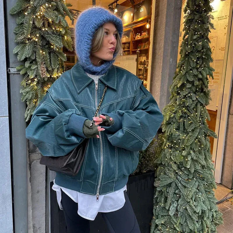 Fashionkova Autumn Women Leather Jacket Oversize Long Sleeve Turn-down Collar Female Coat With Zipper Fashion Casual Loose Ladies Streetwear