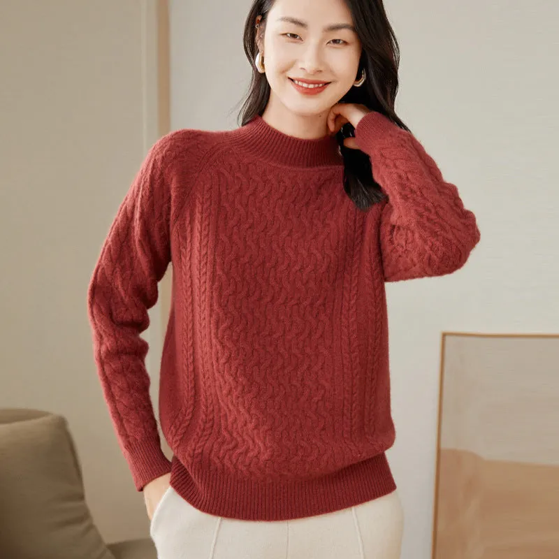 High Neck Thickened Twist Pattern Semi-high Round Neck  Raglan Sleeve Cashmere Sweater