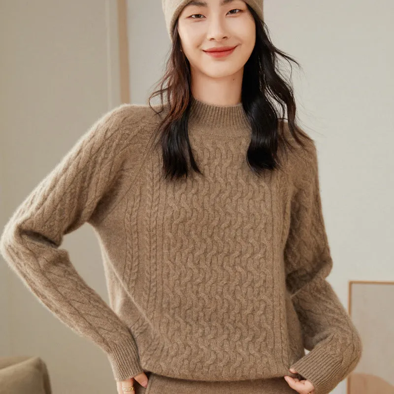 High Neck Thickened Twist Pattern Semi-high Round Neck  Raglan Sleeve Cashmere Sweater