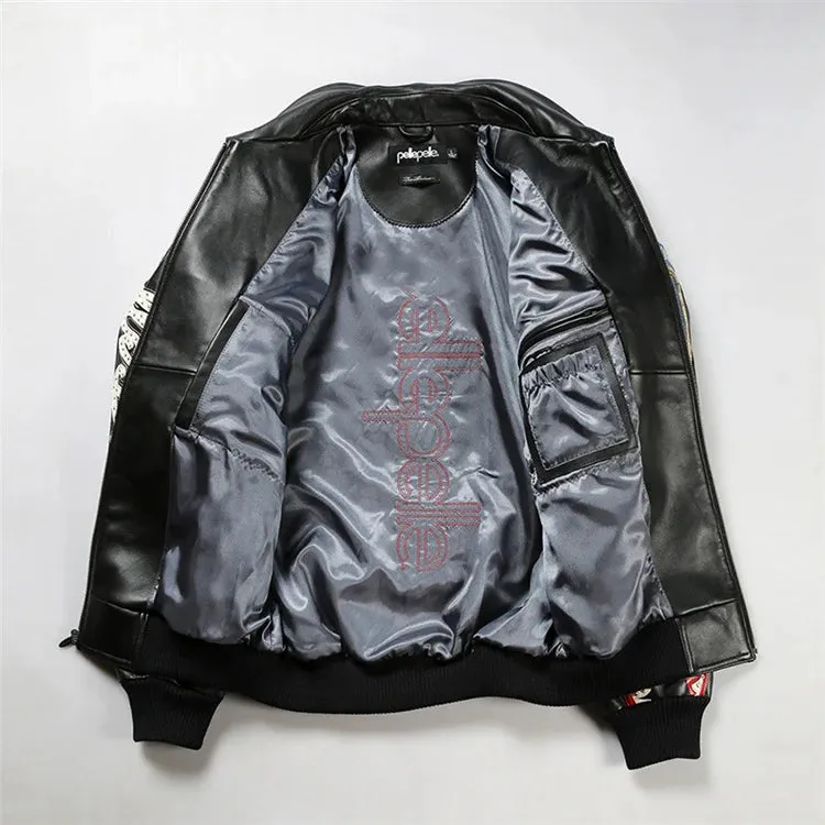 Men's Hip Hop Sheep Leather Jacket Embroidered Diamond US Size Classic Casual Sport Black Coat