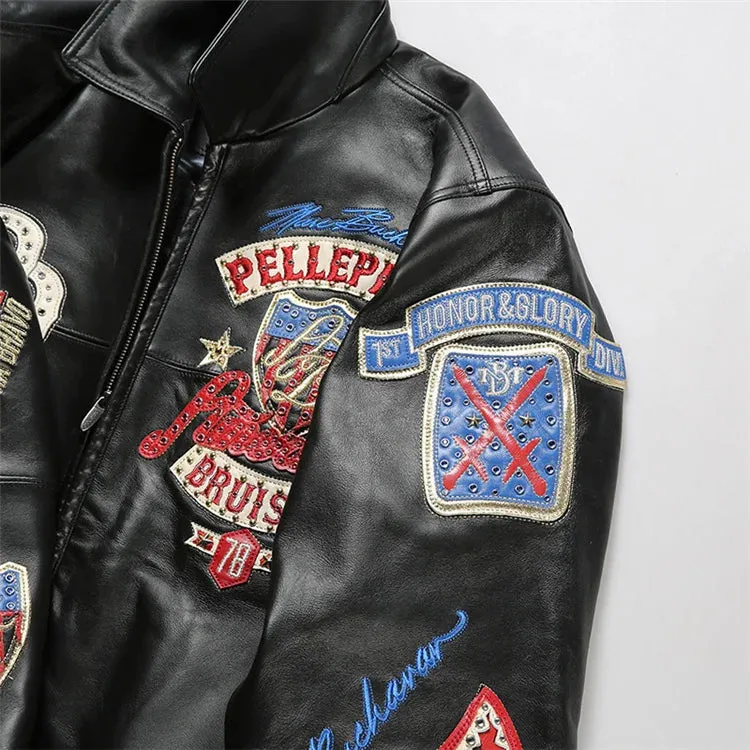 Men's Hip Hop Sheep Leather Jacket Embroidered Diamond US Size Classic Casual Sport Black Coat