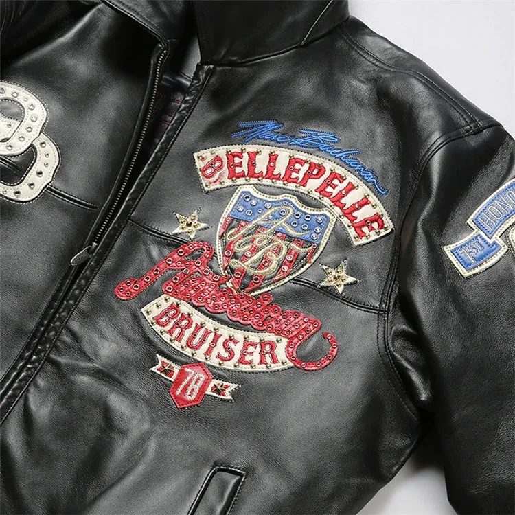 Men's Hip Hop Sheep Leather Jacket Embroidered Diamond US Size Classic Casual Sport Black Coat