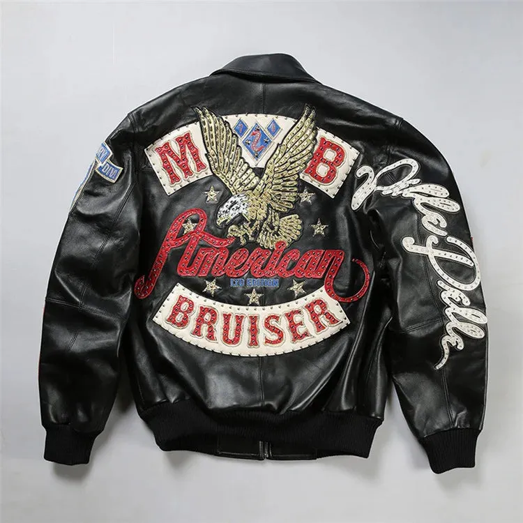 Men's Hip Hop Sheep Leather Jacket Embroidered Diamond US Size Classic Casual Sport Black Coat