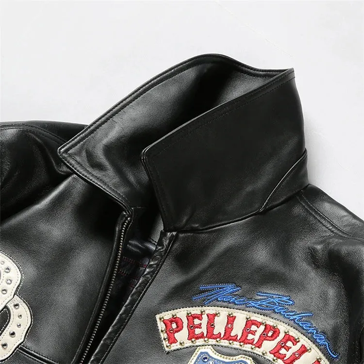 Men's Hip Hop Sheep Leather Jacket Embroidered Diamond US Size Classic Casual Sport Black Coat