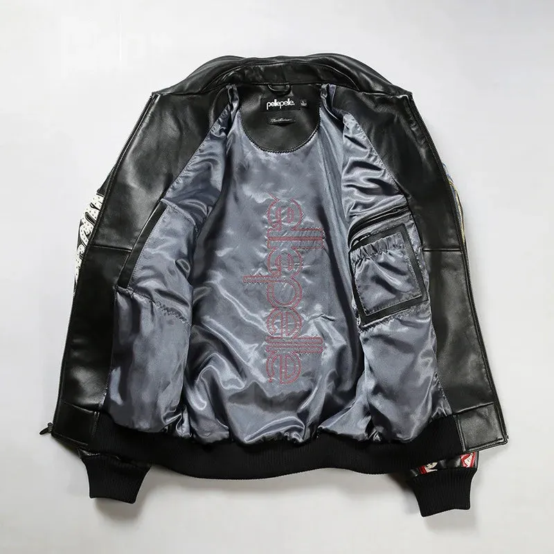 Men's Hip Hop Sheep Leather Jacket Embroidered Diamond US Size Classic Casual Sport Black Coat