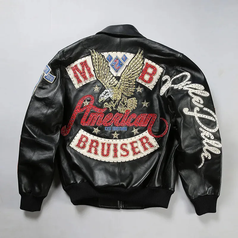Men's Hip Hop Sheep Leather Jacket Embroidered Diamond US Size Classic Casual Sport Black Coat