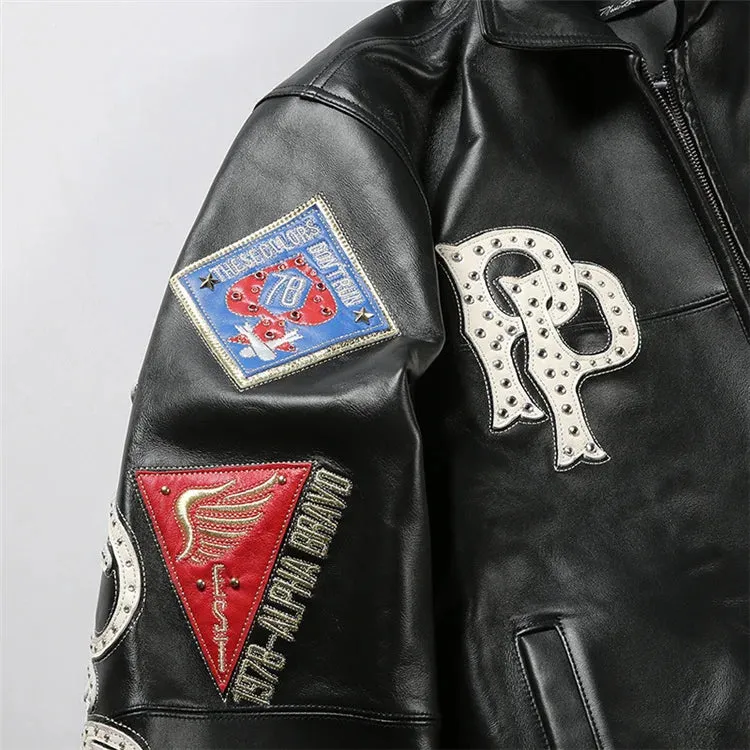 Men's Hip Hop Sheep Leather Jacket Embroidered Diamond US Size Classic Casual Sport Black Coat