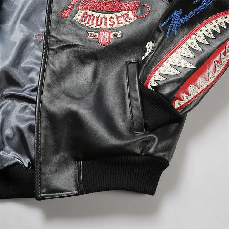 Men's Hip Hop Sheep Leather Jacket Embroidered Diamond US Size Classic Casual Sport Black Coat