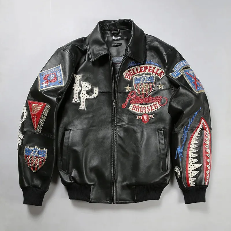 Men's Hip Hop Sheep Leather Jacket Embroidered Diamond US Size Classic Casual Sport Black Coat