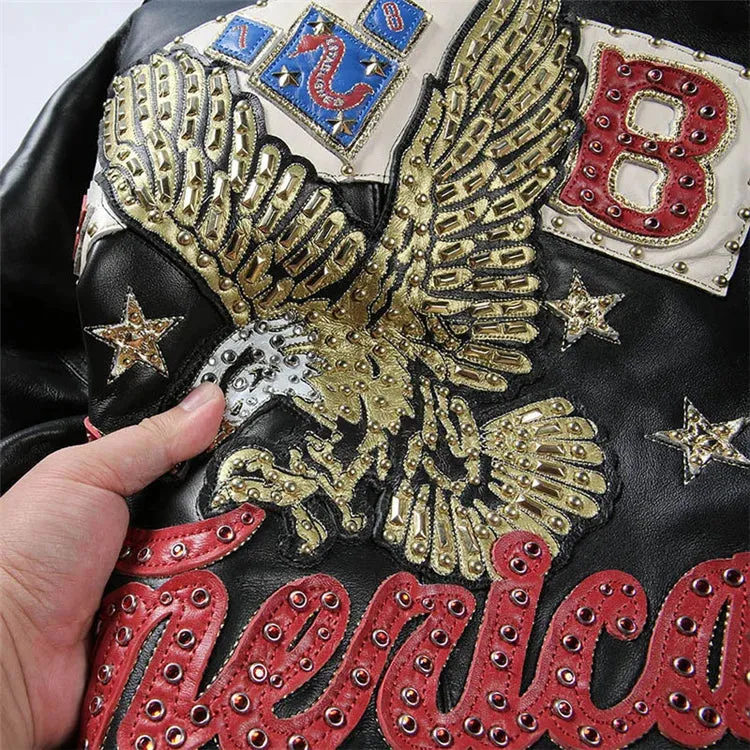 Men's Hip Hop Sheep Leather Jacket Embroidered Diamond US Size Classic Casual Sport Black Coat