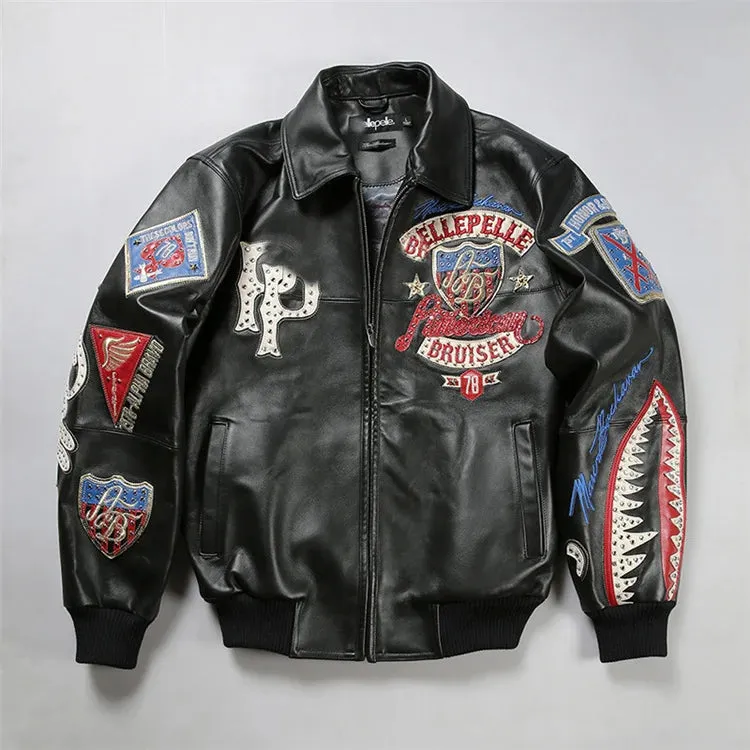 Men's Hip Hop Sheep Leather Jacket Embroidered Diamond US Size Classic Casual Sport Black Coat