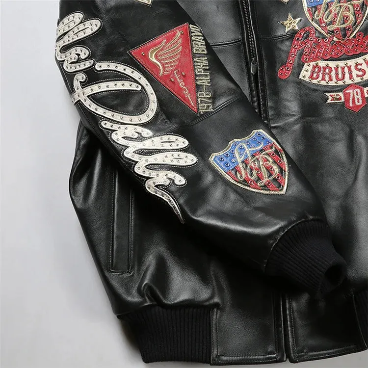 Men's Hip Hop Sheep Leather Jacket Embroidered Diamond US Size Classic Casual Sport Black Coat