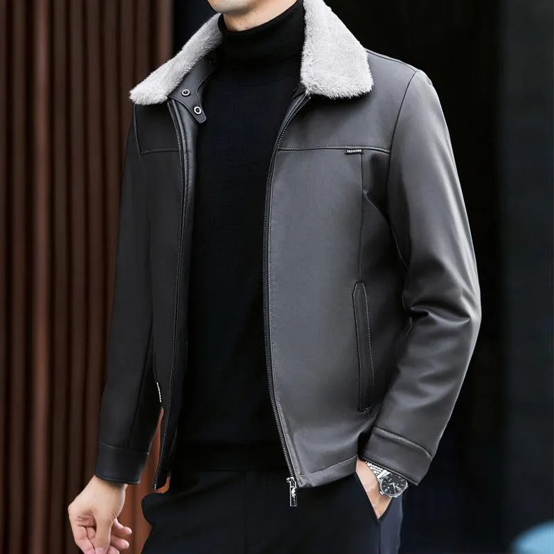 Men's Thickened Leather Down Jacket for Autumn and Winter