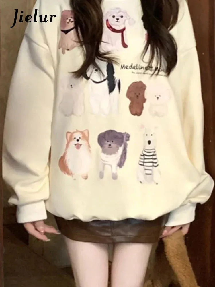 Metaversmall Casual Printing Apricot Women's Sweatshirts Winter O-neck Pullovers Fashion Female Streetwear Loose Chic Simple Hoodies
