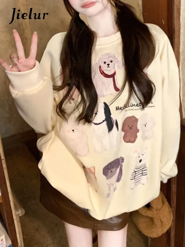 Metaversmall Casual Printing Apricot Women's Sweatshirts Winter O-neck Pullovers Fashion Female Streetwear Loose Chic Simple Hoodies