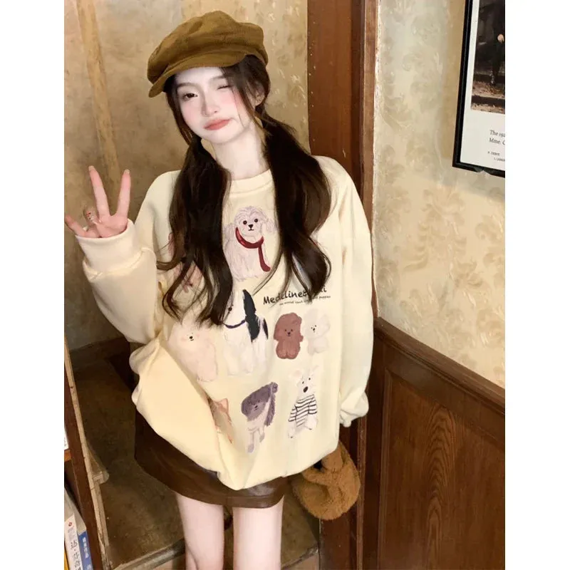Metaversmall Casual Printing Apricot Women's Sweatshirts Winter O-neck Pullovers Fashion Female Streetwear Loose Chic Simple Hoodies