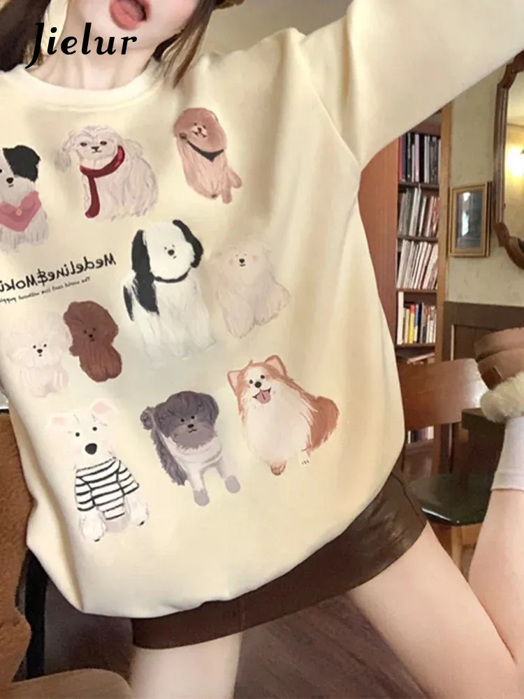 Metaversmall Casual Printing Apricot Women's Sweatshirts Winter O-neck Pullovers Fashion Female Streetwear Loose Chic Simple Hoodies