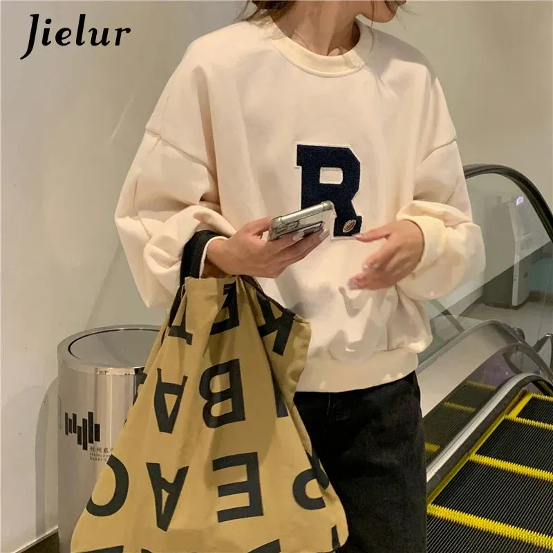 Metaversmall Lantern Sleeve Sweatshirts Women Apricot Loose Simple Letter R Embroidery O-neck Long Sleeve Tops Streetwear Hoodies M-XL