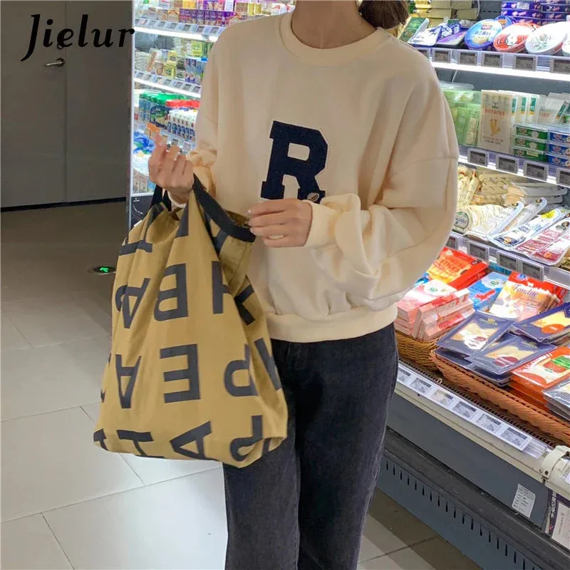 Metaversmall Lantern Sleeve Sweatshirts Women Apricot Loose Simple Letter R Embroidery O-neck Long Sleeve Tops Streetwear Hoodies M-XL