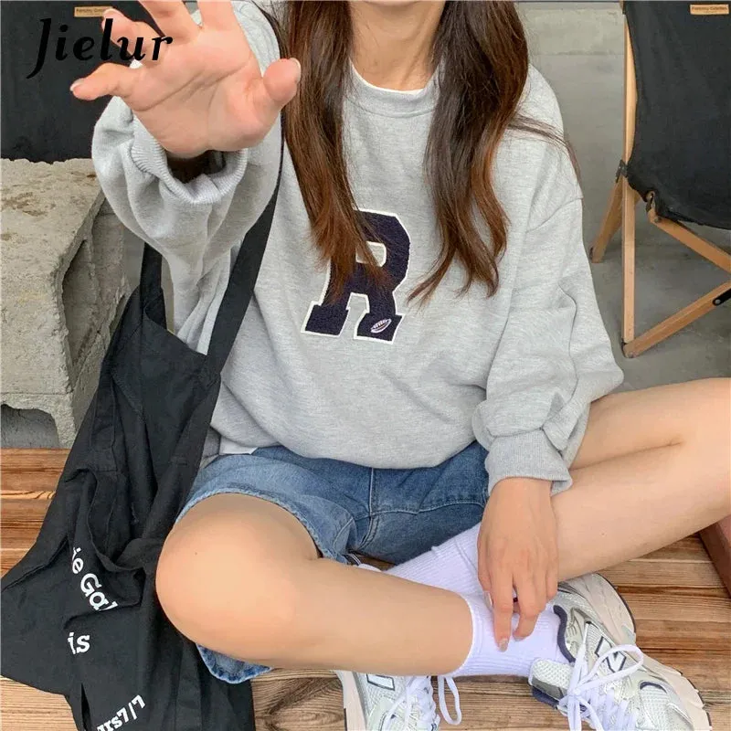 Metaversmall Lantern Sleeve Sweatshirts Women Apricot Loose Simple Letter R Embroidery O-neck Long Sleeve Tops Streetwear Hoodies M-XL