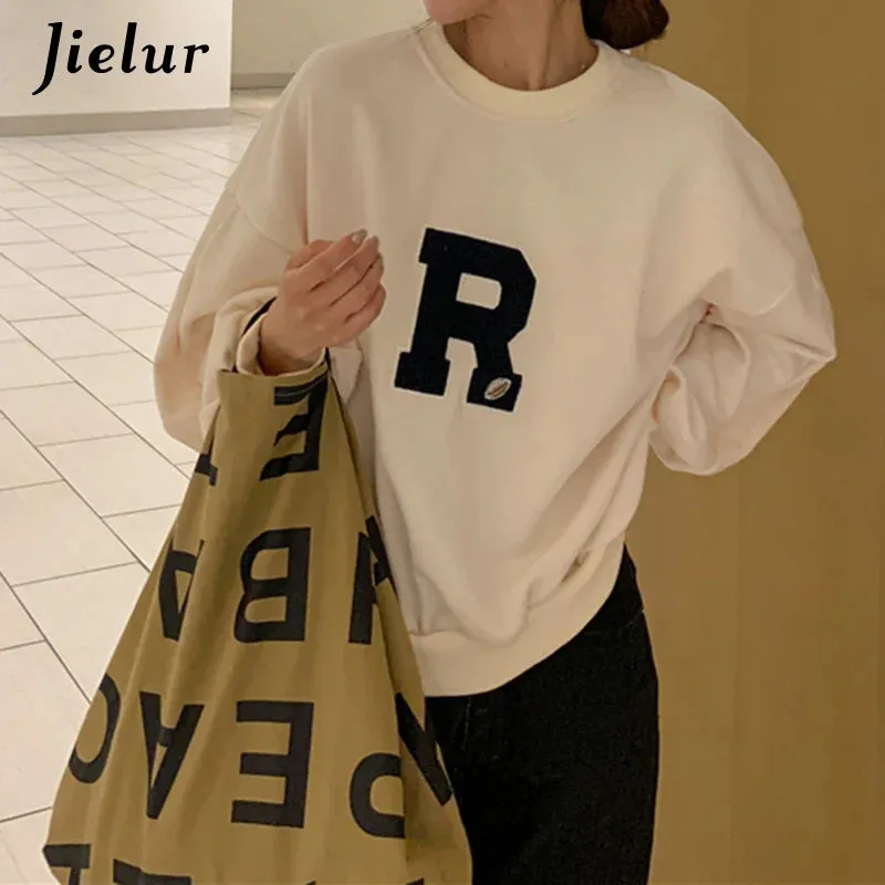 Metaversmall Lantern Sleeve Sweatshirts Women Apricot Loose Simple Letter R Embroidery O-neck Long Sleeve Tops Streetwear Hoodies M-XL