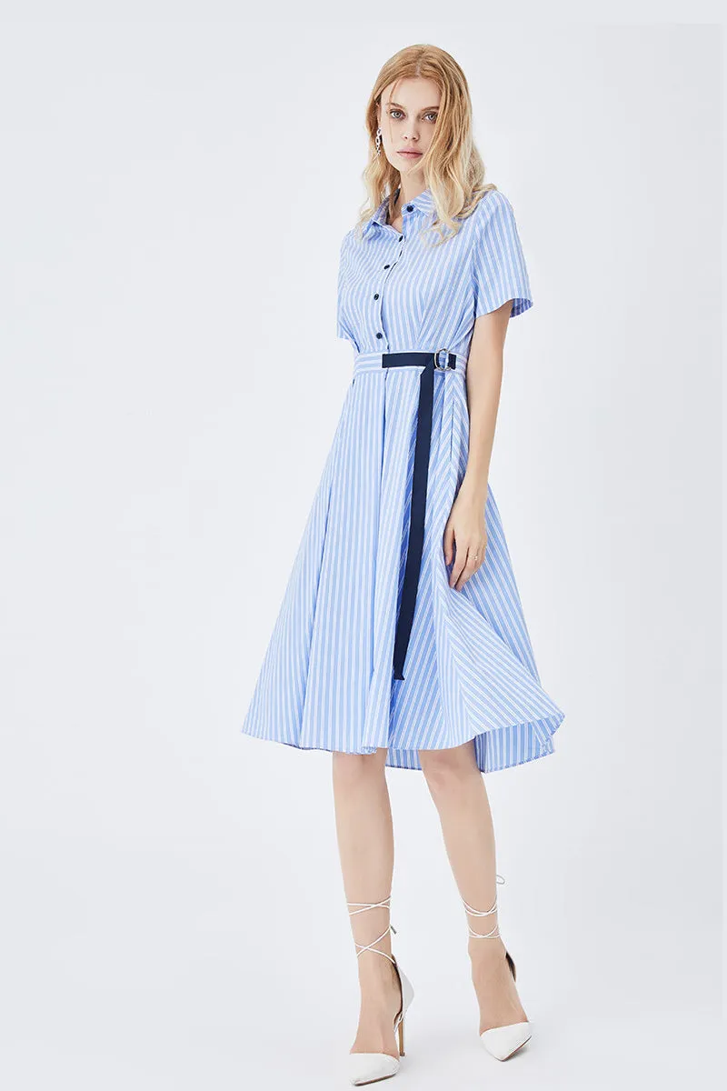 Mid-Length Striped Fitted Shirt Dress