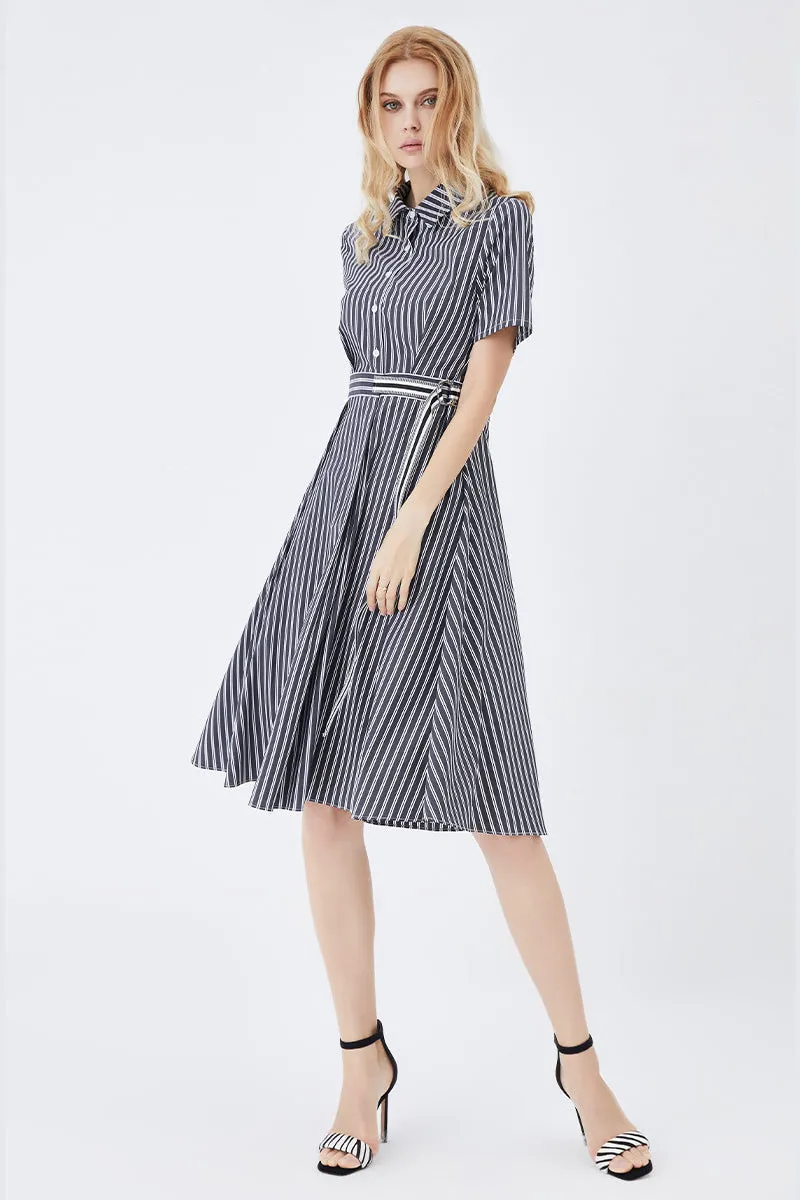 Mid-Length Striped Fitted Shirt Dress