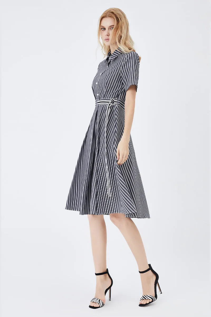 Mid-Length Striped Fitted Shirt Dress