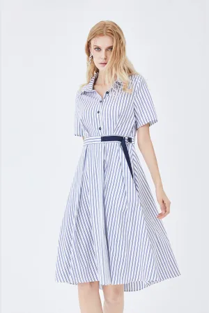Mid-Length Striped Fitted Shirt Dress