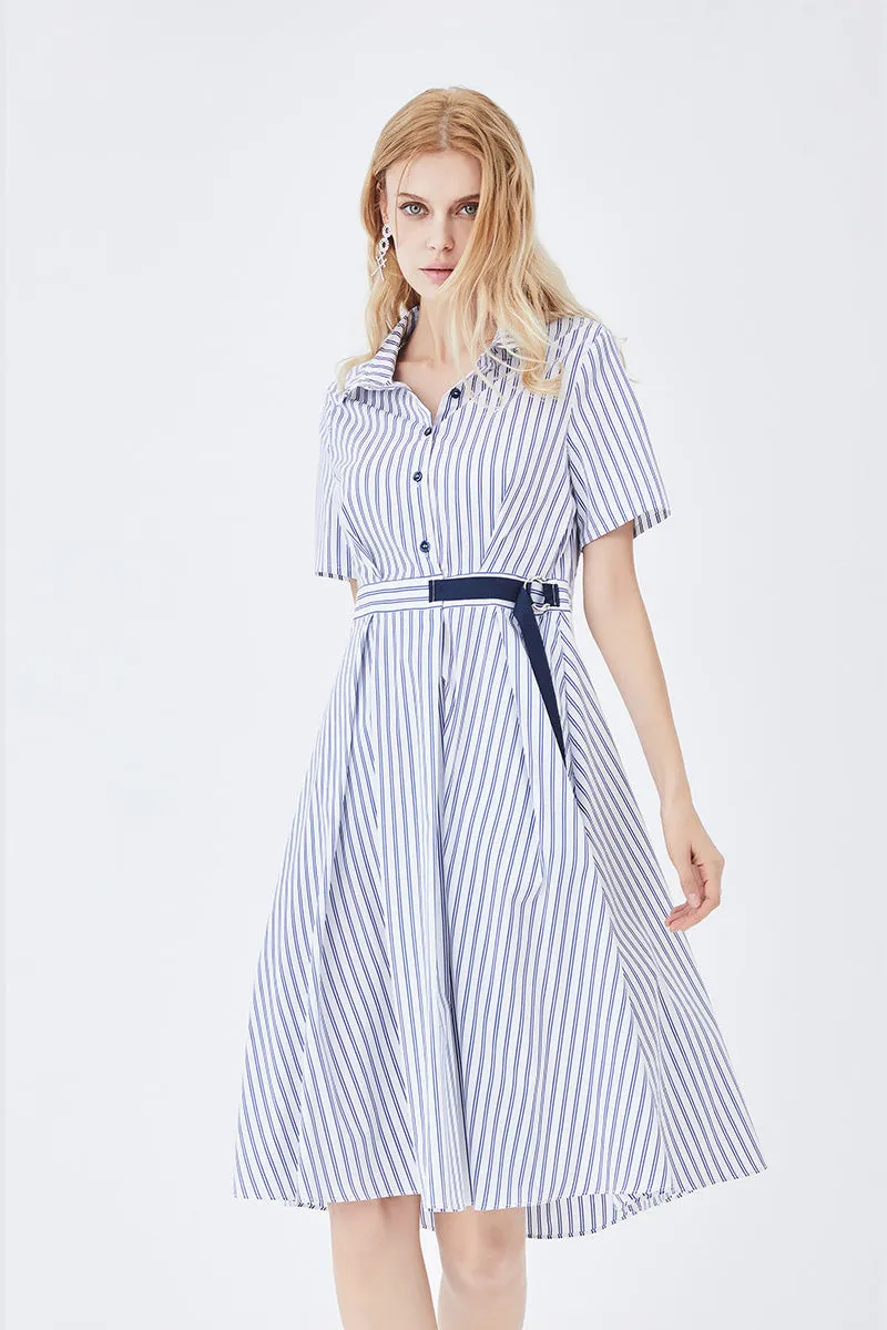 Mid-Length Striped Fitted Shirt Dress