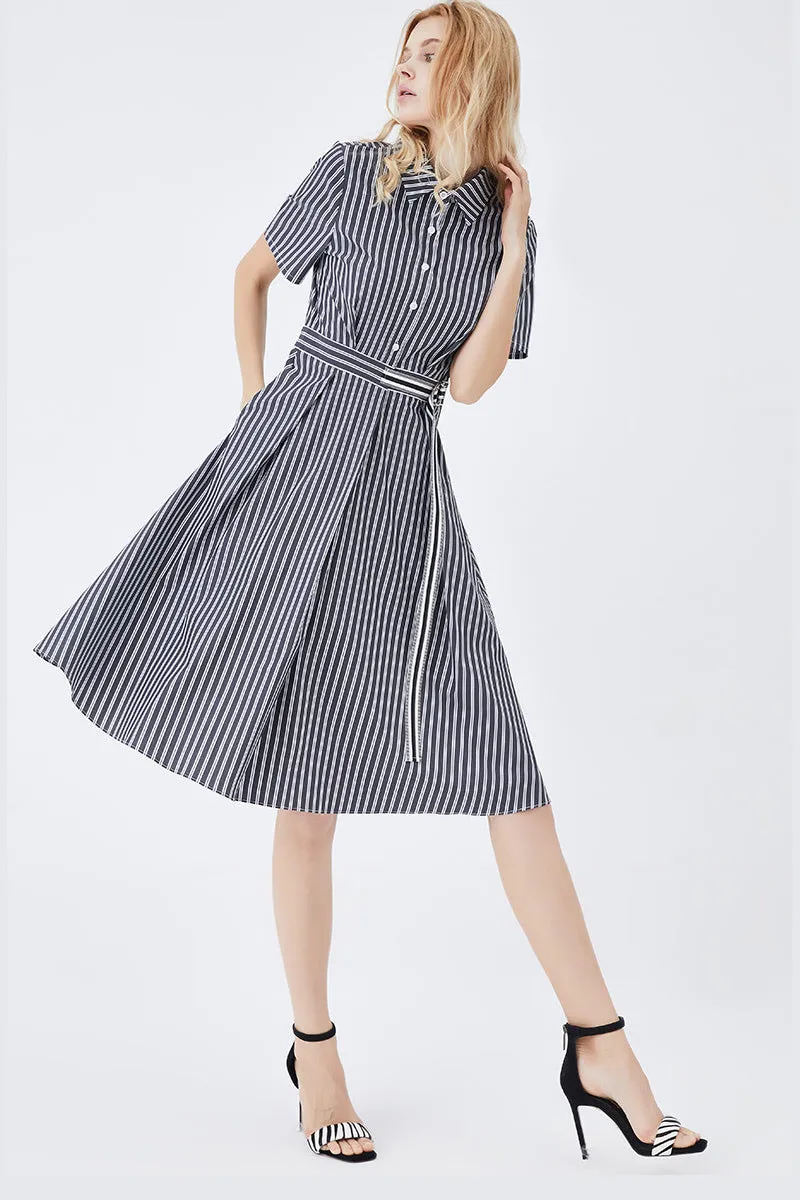 Mid-Length Striped Fitted Shirt Dress