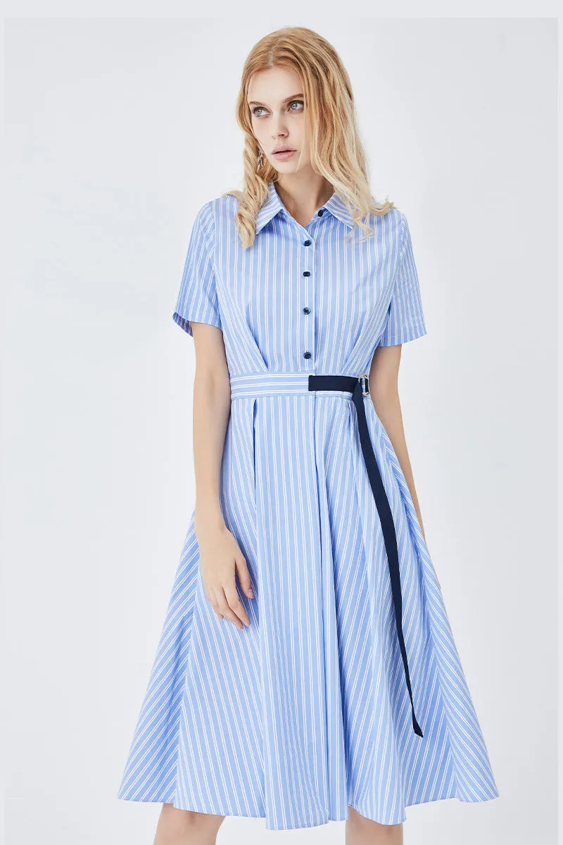 Mid-Length Striped Fitted Shirt Dress