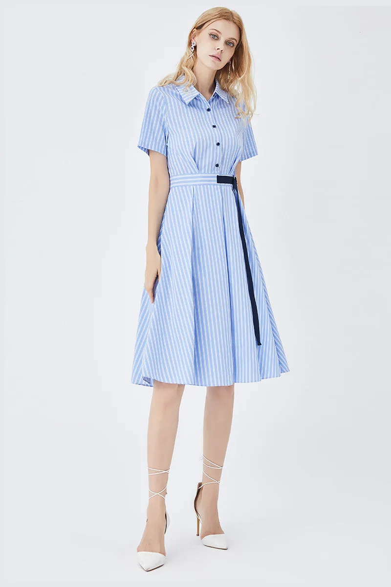 Mid-Length Striped Fitted Shirt Dress
