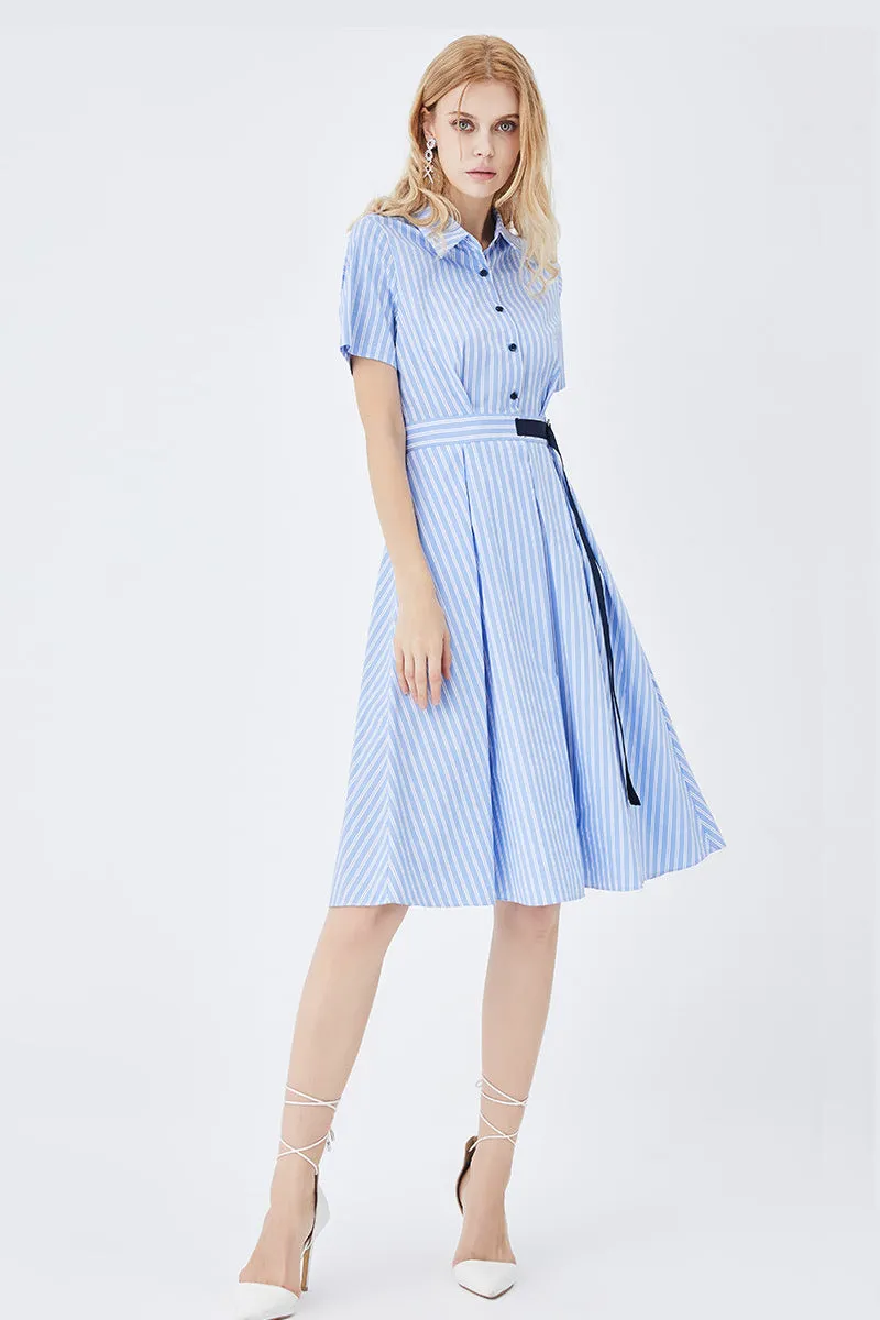 Mid-Length Striped Fitted Shirt Dress