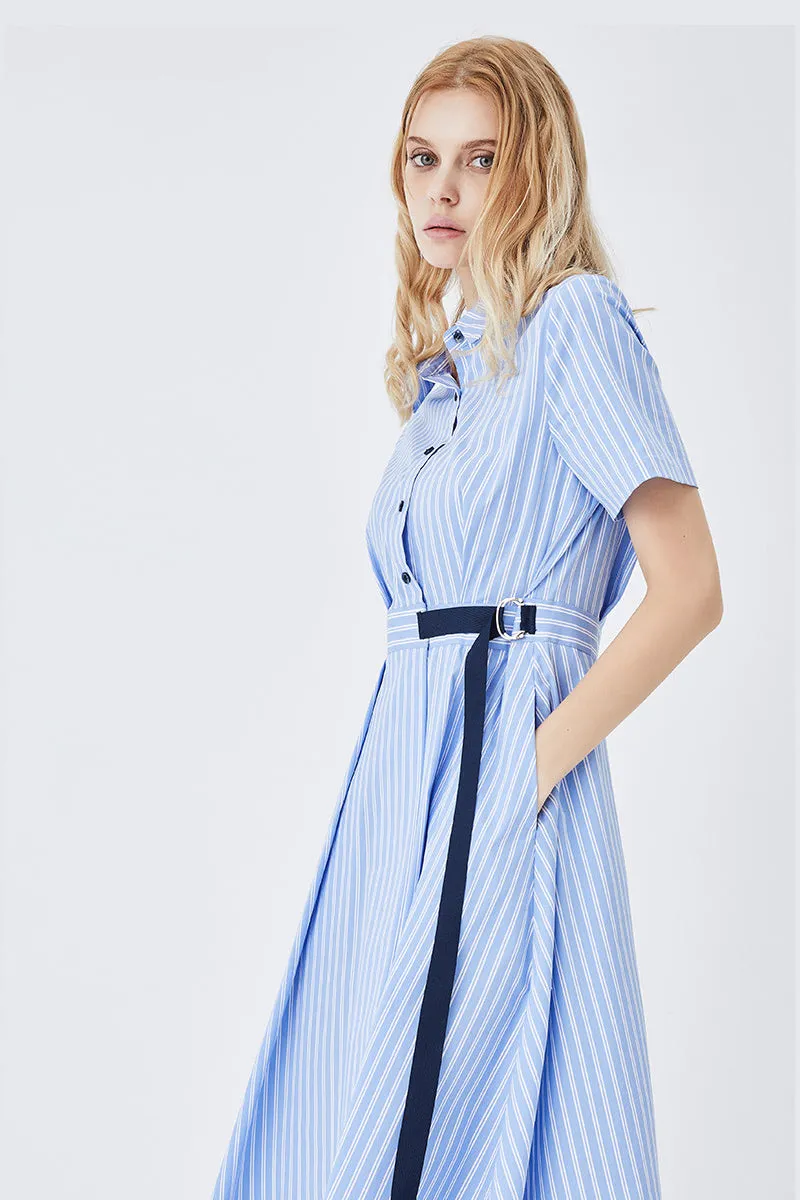 Mid-Length Striped Fitted Shirt Dress
