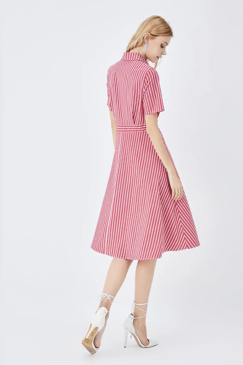 Mid-Length Striped Fitted Shirt Dress