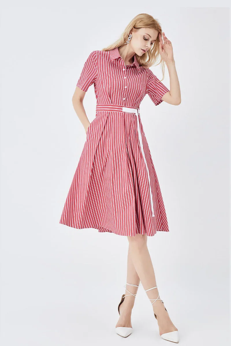Mid-Length Striped Fitted Shirt Dress