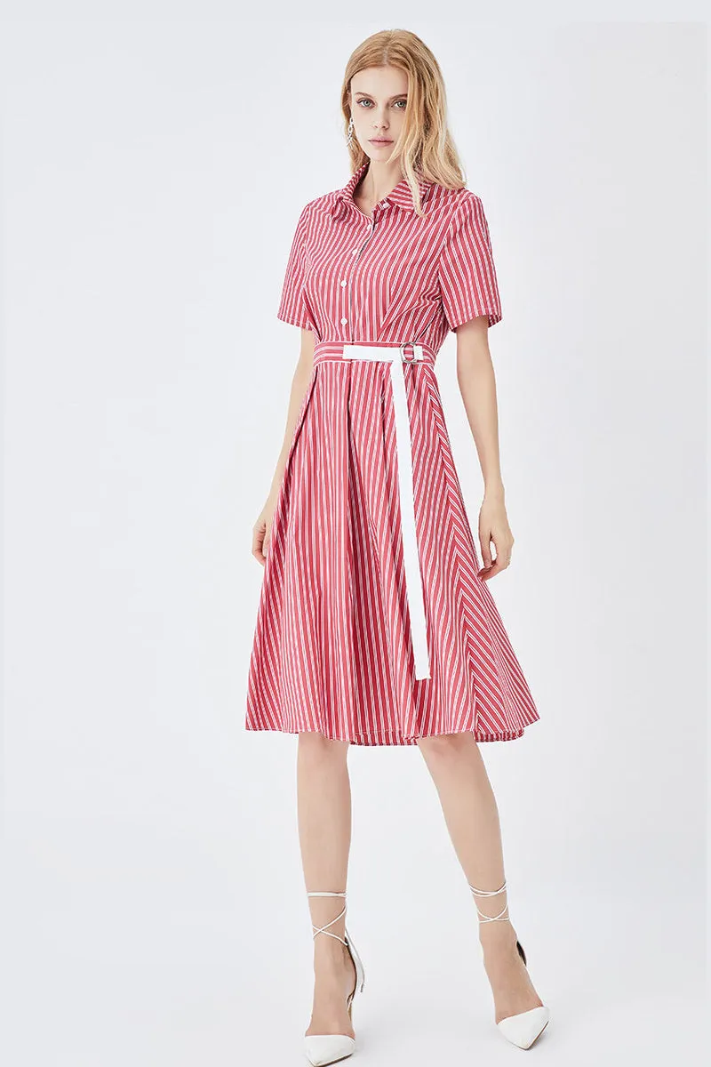 Mid-Length Striped Fitted Shirt Dress