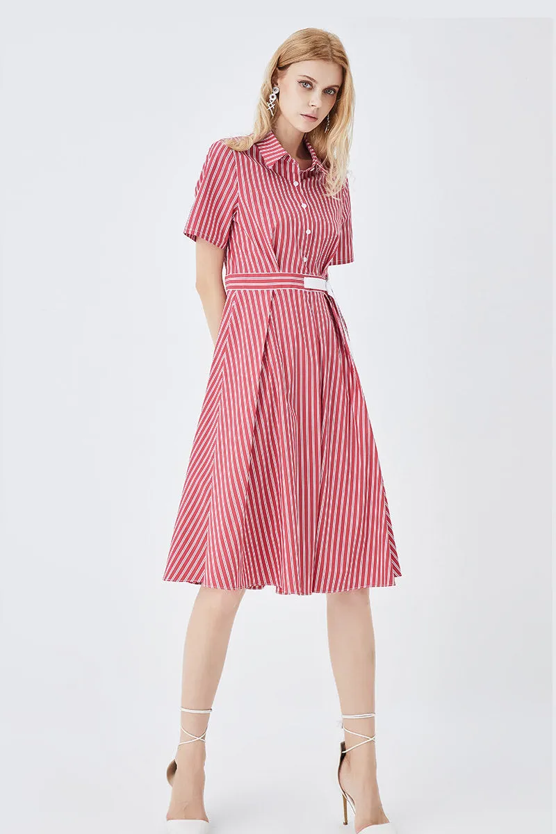 Mid-Length Striped Fitted Shirt Dress