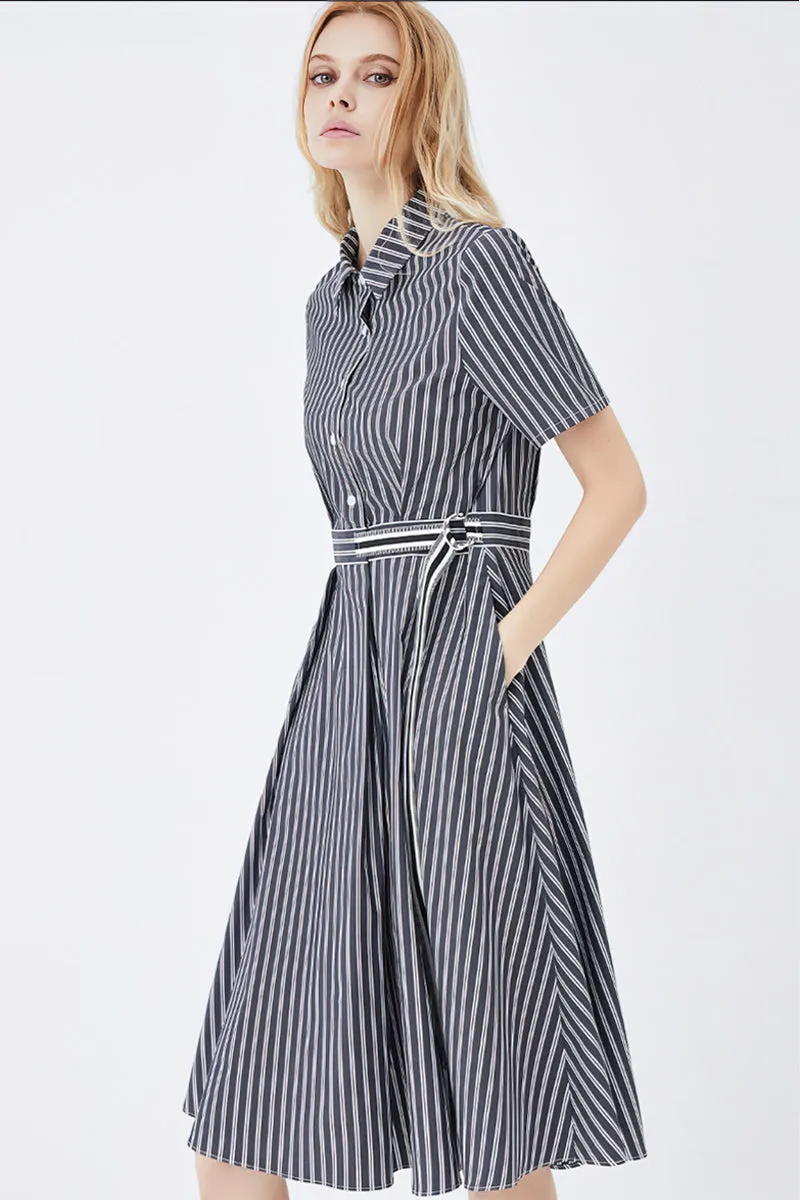 Mid-Length Striped Fitted Shirt Dress