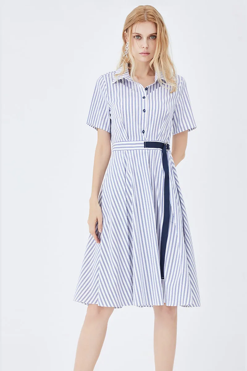 Mid-Length Striped Fitted Shirt Dress