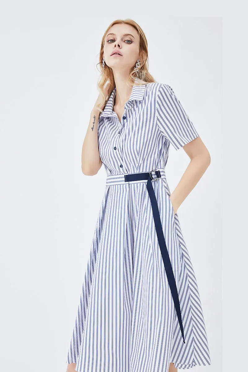 Mid-Length Striped Fitted Shirt Dress