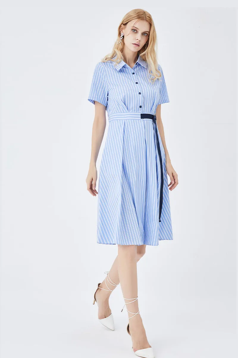 Mid-Length Striped Fitted Shirt Dress